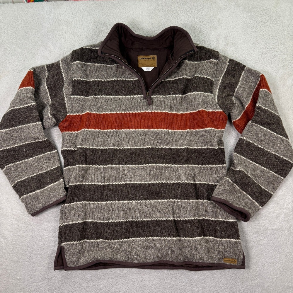 Laundromat Mens‎ Large Striped Wool 1/4 Zip Sweater Pullover Heavyweight Casual